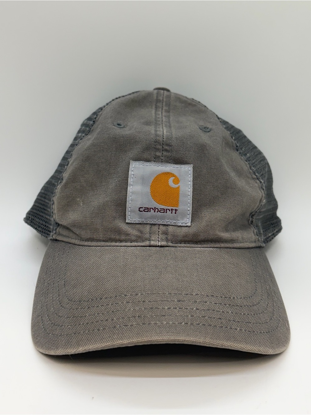 Carhartt Logo Patch Mesh Trucker Hat | Gray Cotton Snapback Cap | Distressed
